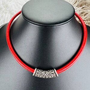 Silvertone and red bohemian surfer chic choker necklace